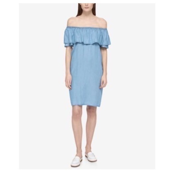 Tommy Hilfiger chambray ruffle off the shoulder shift dress DD14 - Picture 1 of 7